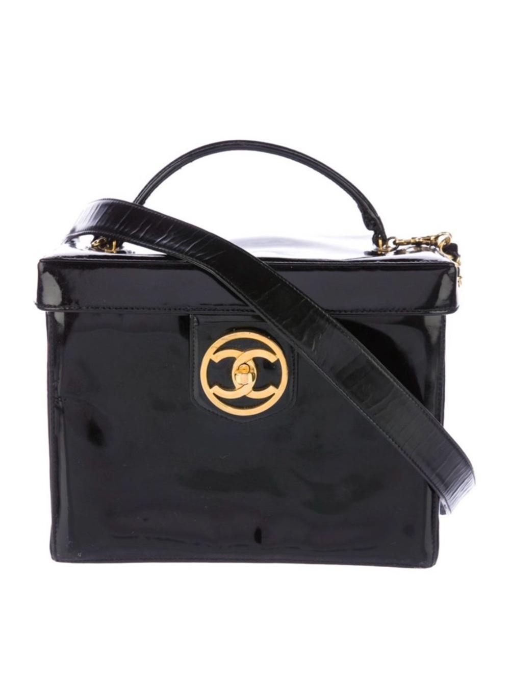 Rare CHANEL Black Patent Vanity Bag Case Gold CC vintage collectible +Auth Card